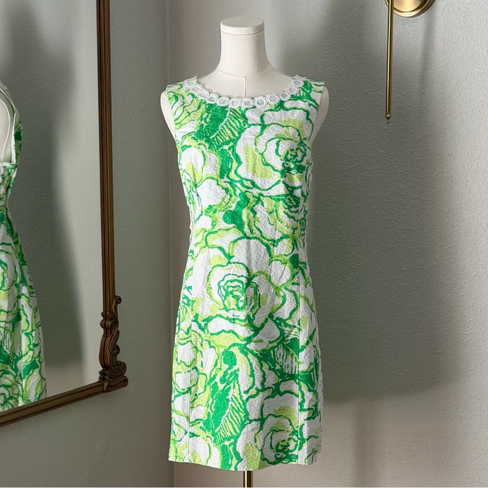 Lilly Pulitzer Green White Rose Floral Lace Neckline Shift Dress Size 14